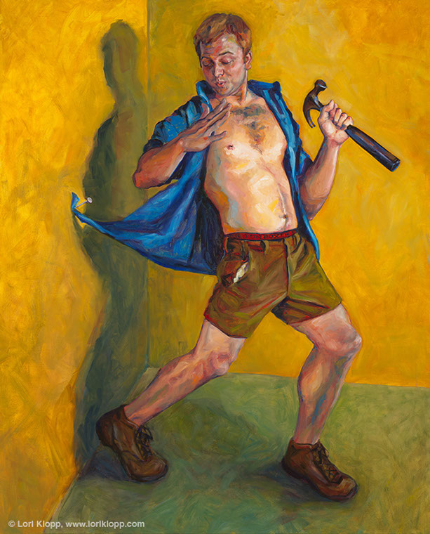 Male pinup of man holding a hammer, and turning to see that he has accidentally nailed his shirt tail to the wall. By Lori Klopp
