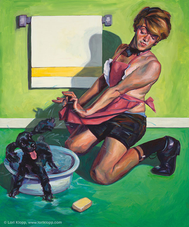 Male pinup of an overdressed man washing a&nbsp; dog, shielding himself with a frilly apron as the dog shakes, flinging water. By Lori Klopp.