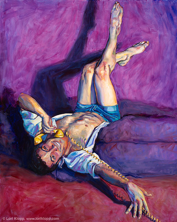 Male pinup painting of a man swinging his feet playfully in the air while talking on the phone. By Lori Klopp.