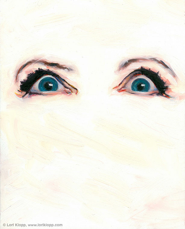 Portrait of Elizabeth Warren by Lori Klopp. Senator Warren uses a looking glass to inspect small print in credit card and loan applications. 