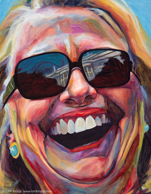 Portrait of Hillary Clinton by Lori Klopp. She is smiling and wearing sunglasses with a reflection of the white house.