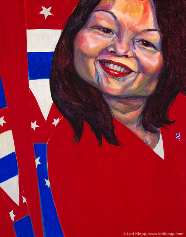 Portrait of Tammy Duckworth by Lori Klopp. Duckworth smiles with patterns from her prosthetic leg in background.