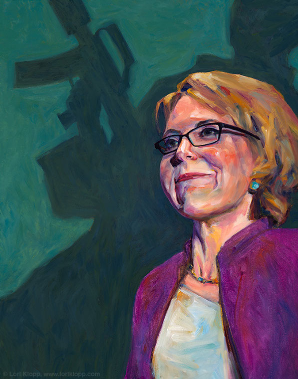 Portrait of Gabrielle Giffords by Lori Klopp. Giffords sizes up her nemesis, the NRA, the giant casting a shadow.