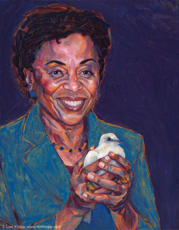 Portrait of Barbara Lee by Lori Klopp. Representative Lee holds a white dove in her hands.