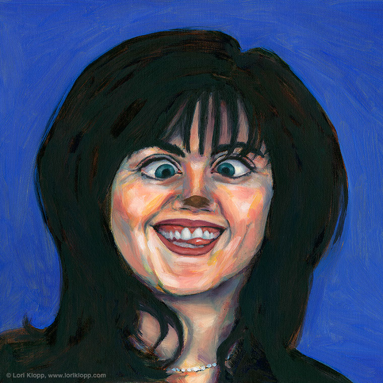 Portrait of Elizabeth Warren by Lori Klopp. Senator Warren uses a looking glass to inspect small print in credit card and loan applications. 